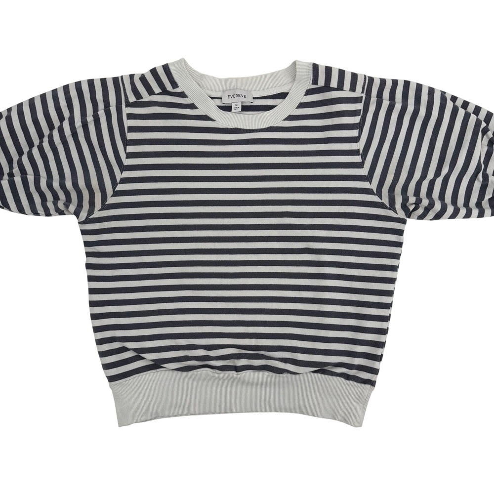 Evereve Sweatshirt Women M Blue Striped Puff Sleeve French Nautical Coastal